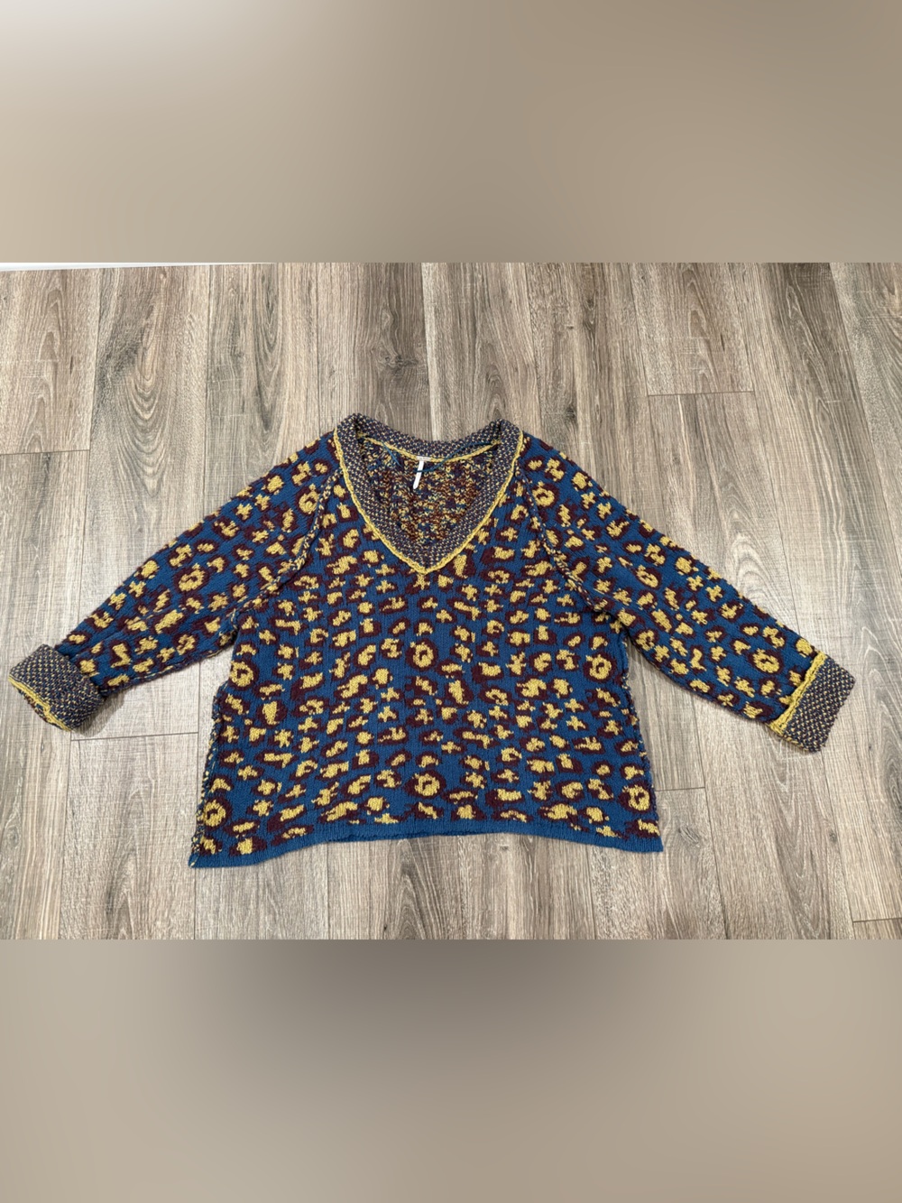 Free People Blue and Mustard Multicolor Knit Cardigan